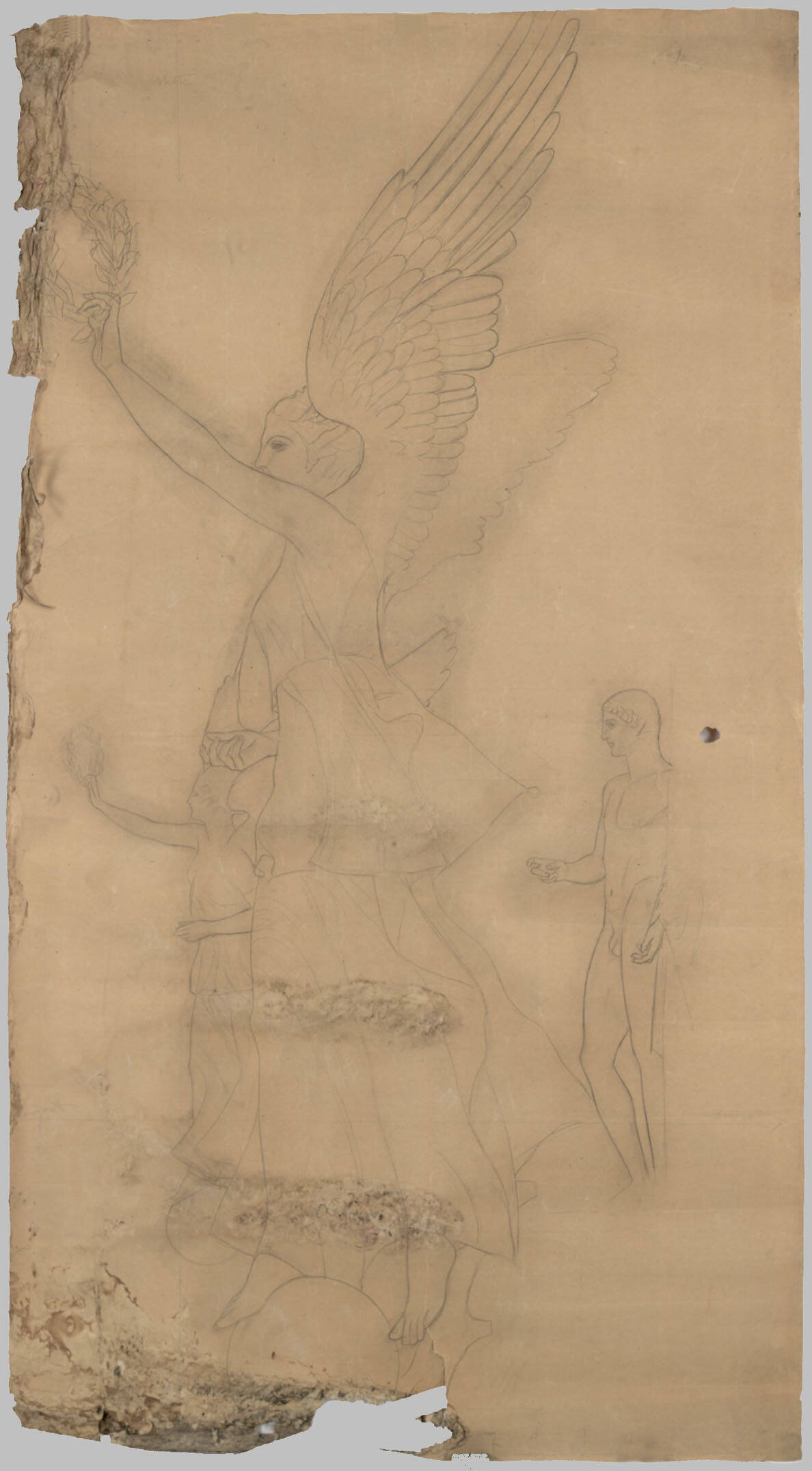 Arbeitszeichnung für den Karton: Detail zu "Theater in Taormina" für das Burgtheater: Victorien und männliche Statue