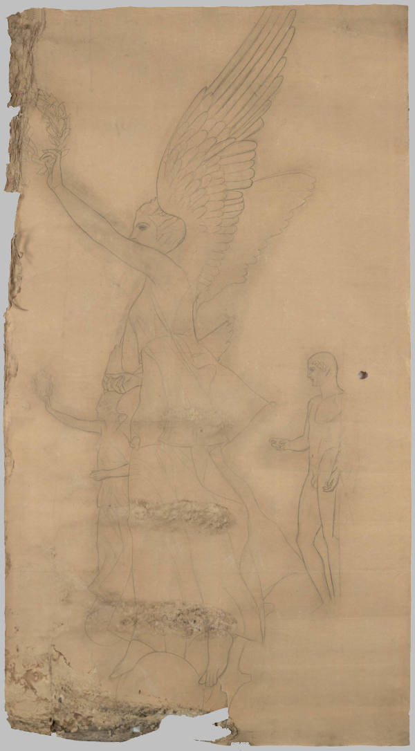 Arbeitszeichnung für den Karton: Detail zu "Theater in Taormina" für das Burgtheater: Victorien und männliche Statue