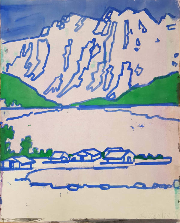 Ohne Titel (Häuser vor Berglandschaft)
