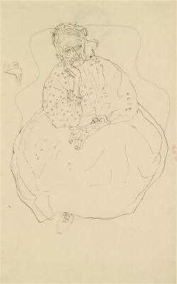 Sitzende alte Frau von vorne, links Handstudie