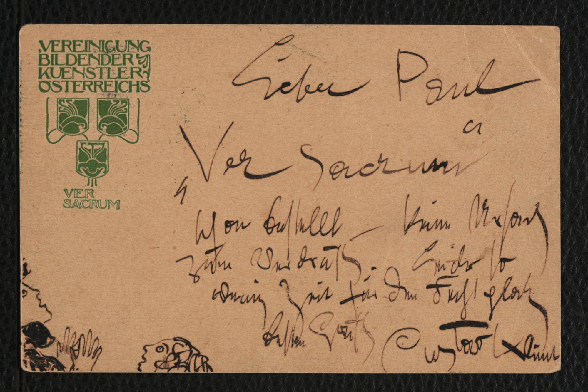 Korrespondenzkarte mit Zeichnung von Gustav Klimt an Paul Bacher vom 22.1.1898