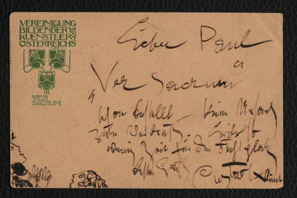 Korrespondenzkarte mit Zeichnung von Gustav Klimt an Paul Bacher vom 22.1.1898